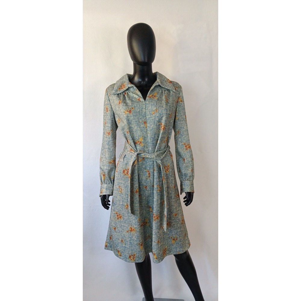 Vintage Handmade Geometric Tent Dress Balloon Sleeve Collared Belted KS0272